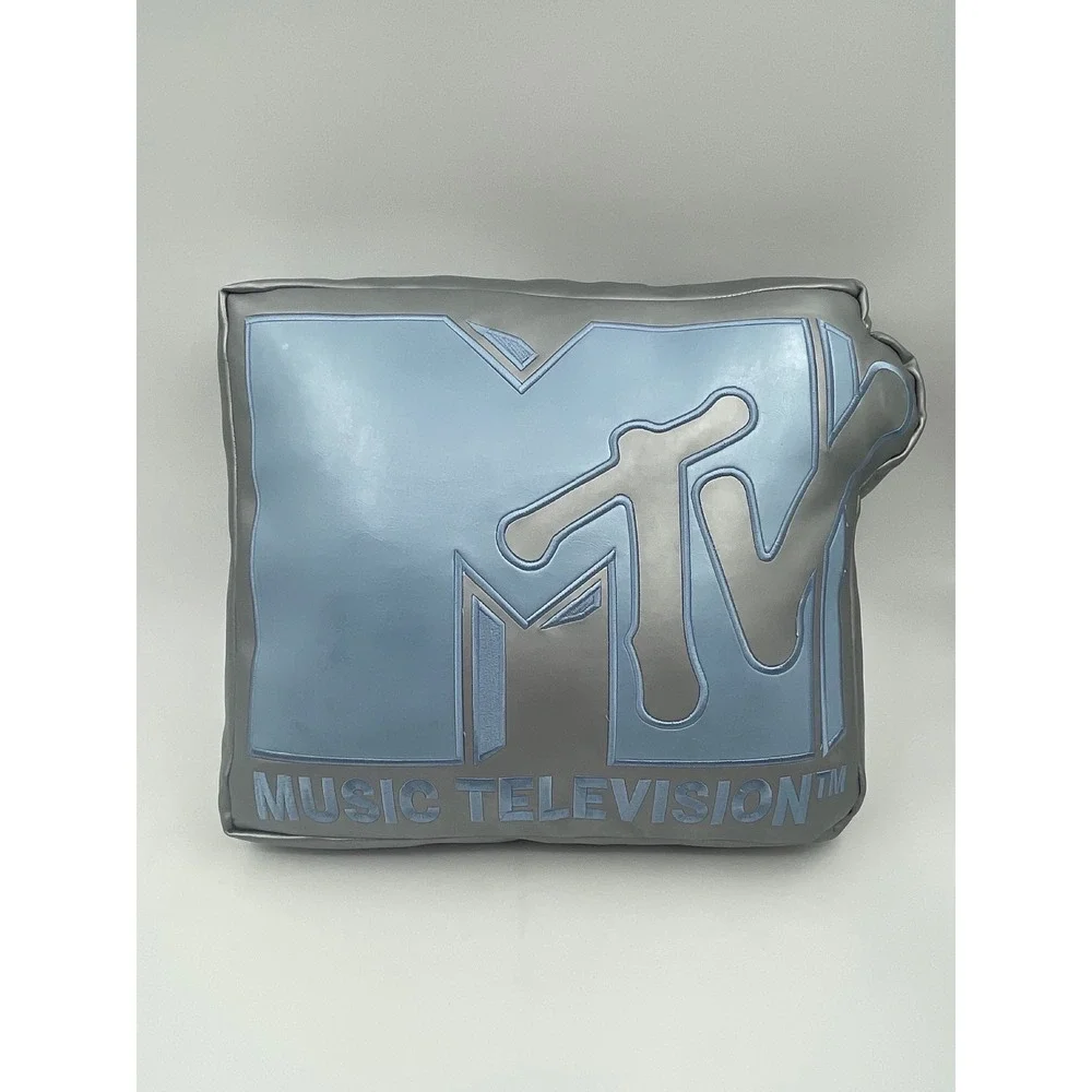 Vintage 2005 MTV Music Television Logo Throw Pillow Metallic Silver Blue Y2K